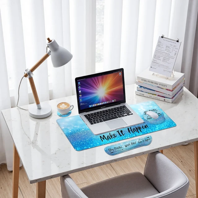 Alt view image 7 of 7 - Motivational Quote Mouse Pad Set Stay Positive Work Hard Blue Gaming Mousepad 4in1 Desk Mat for Desktop Anti-Slip XXL Big Computer Ergonomic Mousepad with Wrist Support for Keyboard and Mouse