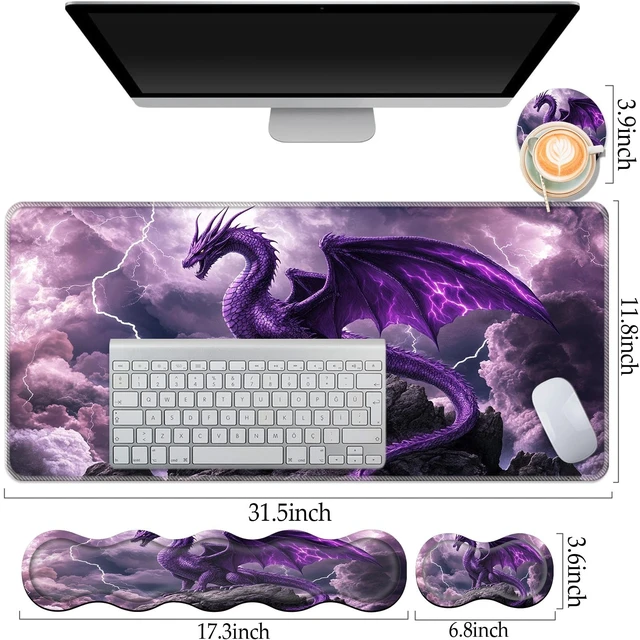 Alt view image 3 of 7 - CMZLFHKO Keyboard Wrist Rest and Mouse Pad Set,31.5x11.8 Inches Desk Mat,Waterproof Non-Slip Ergonomic Wrist Support for Pain Relief,Extended Desk Protector for Office Home Gaming,Purple Dragon