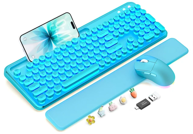 Main image of Wireless Keyboard and Mouse, Backlit Typewriter with Magnetic Wrist Rest | Phone Holder, Light Up Round Keycaps, Lighting Mouse, 2.4GHz Cordless Set for Mac, Windows, PC, Laptop, SABLUTE