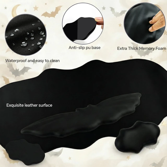 Alt view image 4 of 7 - Tscuite Bat Mouse Pad, 3 in 1 PU Leather Mousepad with Keyboard Wrist Rest | Keyboard & Mouse Wrist Rest, Ergonomic Bat Wrist Rest Waterproof Leather Surface, Memory Foam, for Home Office