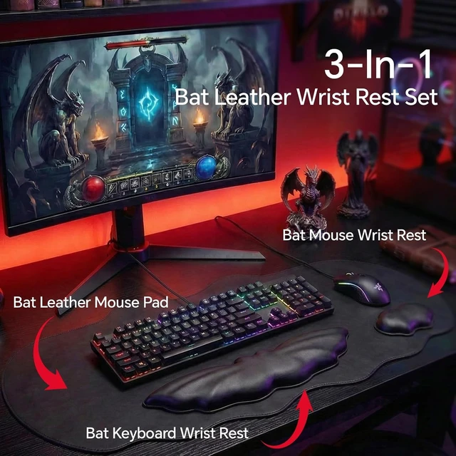 Alt view image 6 of 7 - Tscuite Bat Mouse Pad, 3 in 1 PU Leather Mousepad with Keyboard Wrist Rest | Keyboard & Mouse Wrist Rest, Ergonomic Bat Wrist Rest Waterproof Leather Surface, Memory Foam, for Home Office