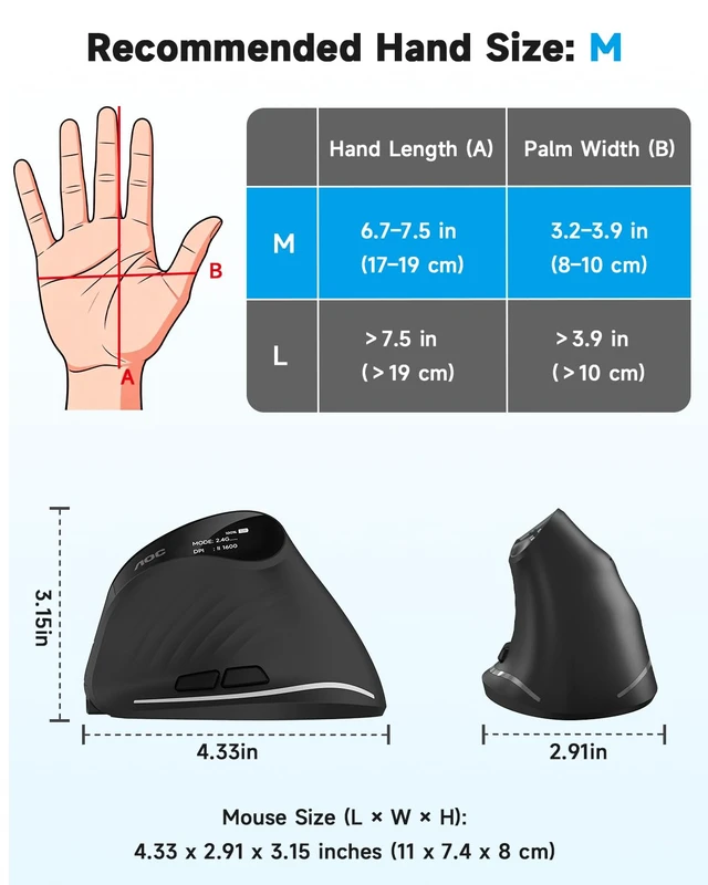Alt view image 3 of 7 - Ergonomic Mouse, 2.4GHz Wireless Bluetooth Vertical Mouse, Rechargeable | 4800 DPI, Right Hand, Quiet Clicks, RGB Light, 6 Programmable Buttons, LED Battery Display, Suitable for PC/Laptop/Mac, Gray