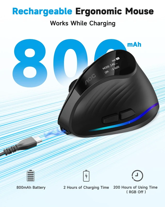 Alt view image 4 of 7 - Ergonomic Mouse, 2.4GHz Wireless Bluetooth Vertical Mouse, Rechargeable | 4800 DPI, Right Hand, Quiet Clicks, RGB Light, 6 Programmable Buttons, LED Battery Display, Suitable for PC/Laptop/Mac, Gray