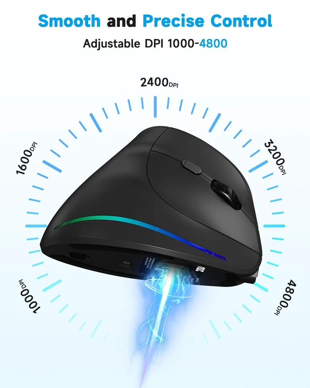 Alt view image 5 of 7 - Ergonomic Mouse, 2.4GHz Wireless Bluetooth Vertical Mouse, Rechargeable | 4800 DPI, Right Hand, Quiet Clicks, RGB Light, 6 Programmable Buttons, LED Battery Display, Suitable for PC/Laptop/Mac, Gray