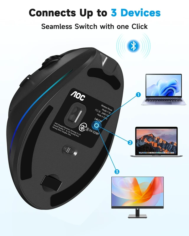 Alt view image 7 of 7 - Ergonomic Mouse, 2.4GHz Wireless Bluetooth Vertical Mouse, Rechargeable | 4800 DPI, Right Hand, Quiet Clicks, RGB Light, 6 Programmable Buttons, LED Battery Display, Suitable for PC/Laptop/Mac, Gray