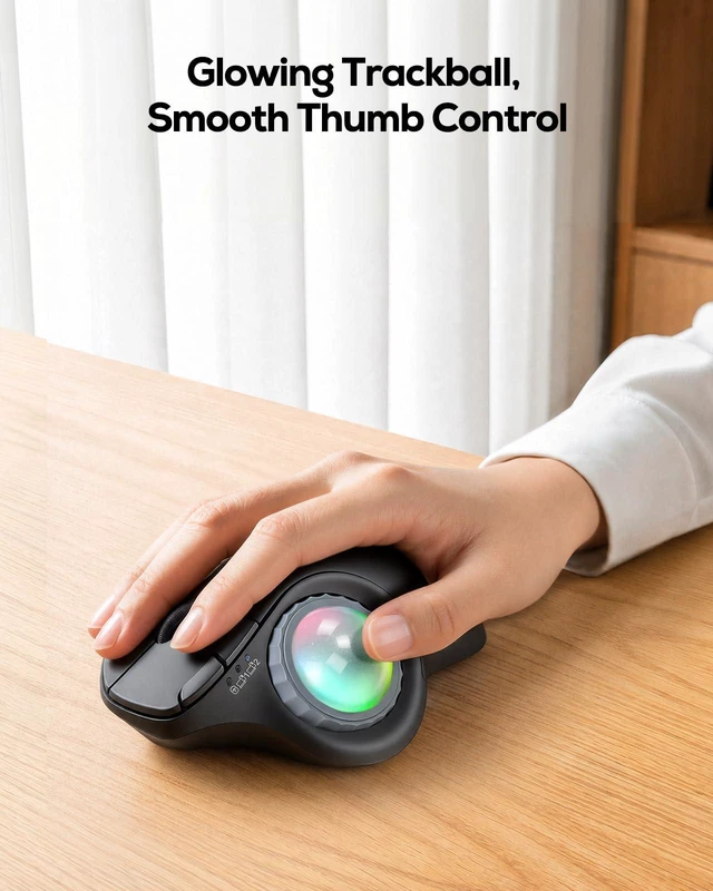 Alt view image 2 of 7 - M508 Wireless Trackball Mouse, Ergonomic Mouse with RGB Thumb Control | Right-hand ergonomic shape supports work; thumb control keeps the mouse steady, with RGB lighting and 3-device wireless use