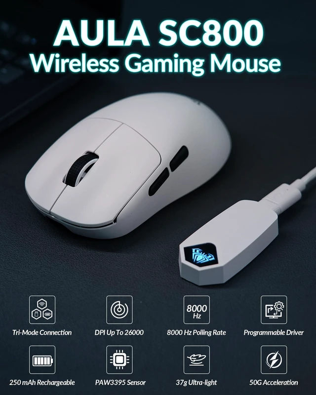 Alt view image 2 of 7 - AULA SC800 Wireless Gaming Mouse, White Gaming Mice & 26000 DPI, 37g | Ultra-Lightweight Mouse, PAW3395 Sensor, 8KHz Polling Rate, Programmable Buttons, BT5.0/2.4G/USB-C Rechargeable Mouse Gamer