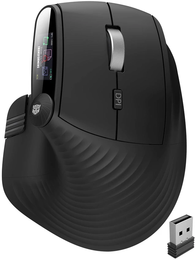 Main image of Transformers Vertical Ergonomic Mouse with LED Screen & Knob Control Black | 3-Device Connectivity (2.4G + Dual Bluetooth), Medium to Large Hands, Rechargeable Wireless Mouse for PC/Mac/Laptop
