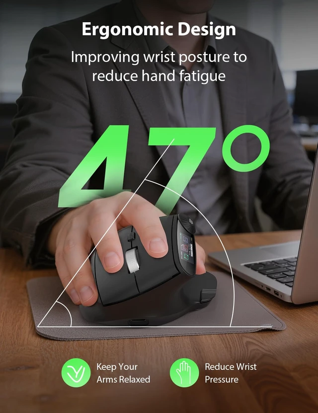 Alt view image 2 of 7 - Transformers Vertical Ergonomic Mouse with LED Screen & Knob Control Black | 3-Device Connectivity (2.4G + Dual Bluetooth), Medium to Large Hands, Rechargeable Wireless Mouse for PC/Mac/Laptop