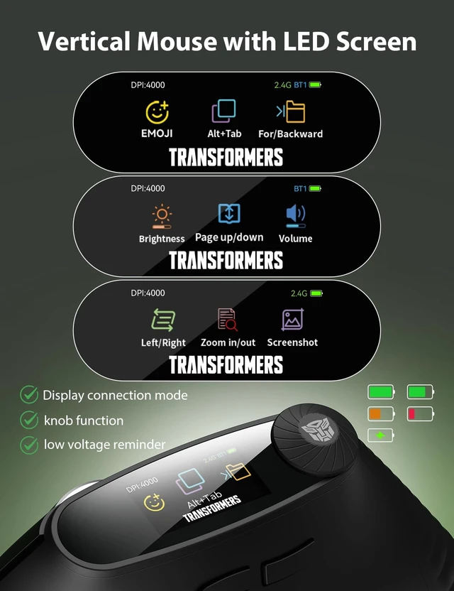 Alt view image 3 of 7 - Transformers Vertical Ergonomic Mouse with LED Screen & Knob Control Black | 3-Device Connectivity (2.4G + Dual Bluetooth), Medium to Large Hands, Rechargeable Wireless Mouse for PC/Mac/Laptop