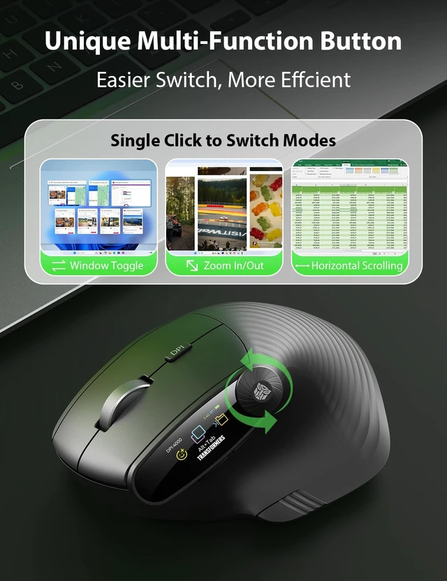 Alt view image 4 of 7 - Transformers Vertical Ergonomic Mouse with LED Screen & Knob Control Black | 3-Device Connectivity (2.4G + Dual Bluetooth), Medium to Large Hands, Rechargeable Wireless Mouse for PC/Mac/Laptop