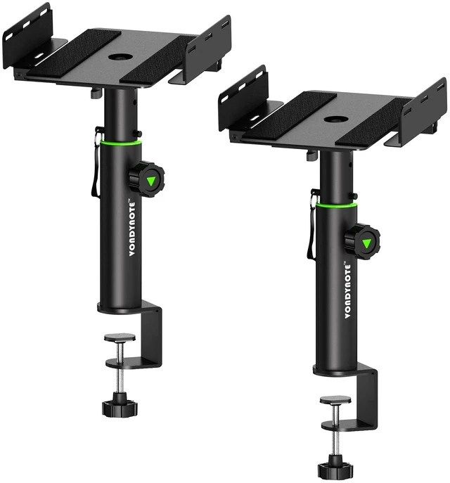 Main image of Vondynote Dual Side Clamp Studio Monitor Stands Short Desk Speaker Stands | Set of 2, 9"-14" Height Adjustable, Extendable Top Plate Mounted by Screws, Desktop Clamp