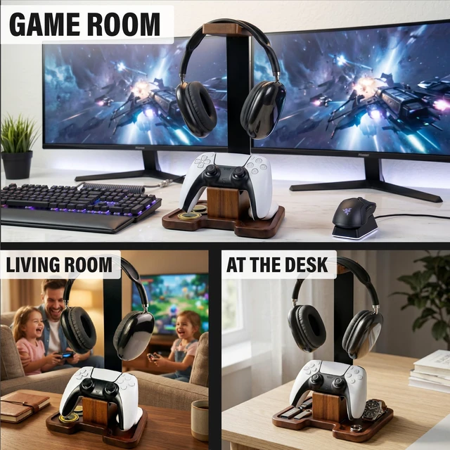 Alt view image 2 of 6 - Gaming Equipment Headset Stand with Game Controller Holder & Storage Base, Stylish Gamer Gifts for Men Teenage Boy Headphone Stand, Unique Gifts for Gamers to Organize Gaming Accessories (Brown Wood)