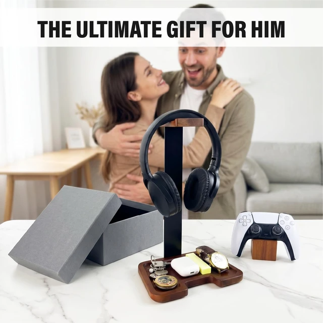 Alt view image 3 of 6 - Gaming Equipment Headset Stand with Game Controller Holder & Storage Base, Stylish Gamer Gifts for Men Teenage Boy Headphone Stand, Unique Gifts for Gamers to Organize Gaming Accessories (Brown Wood)