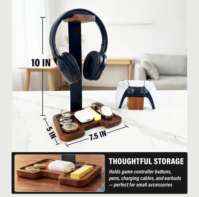 Alt view image 6 of 6 - Gaming Equipment Headset Stand with Game Controller Holder & Storage Base, Stylish Gamer Gifts for Men Teenage Boy Headphone Stand, Unique Gifts for Gamers to Organize Gaming Accessories (Brown Wood)