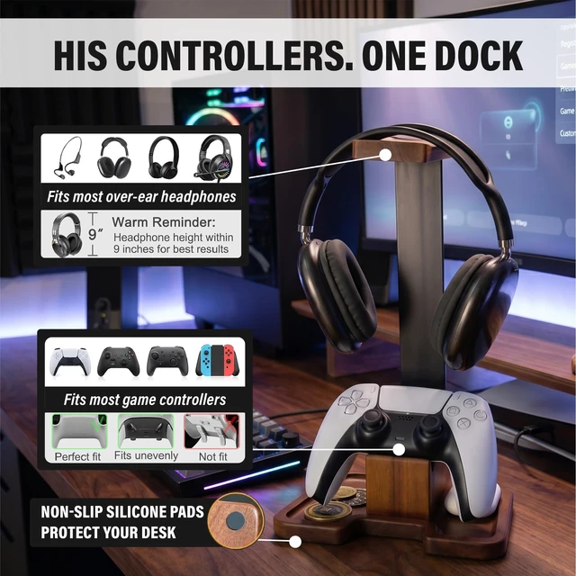 Alt view image 5 of 6 - Gaming Equipment Headset Stand with Game Controller Holder & Storage Base, Stylish Gamer Gifts for Men Teenage Boy Headphone Stand, Unique Gifts for Gamers to Organize Gaming Accessories (Brown Wood)
