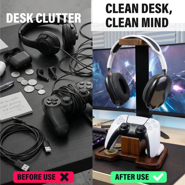 Alt view image 4 of 6 - Gaming Equipment Headset Stand with Game Controller Holder & Storage Base, Stylish Gamer Gifts for Men Teenage Boy Headphone Stand, Unique Gifts for Gamers to Organize Gaming Accessories (Brown Wood)