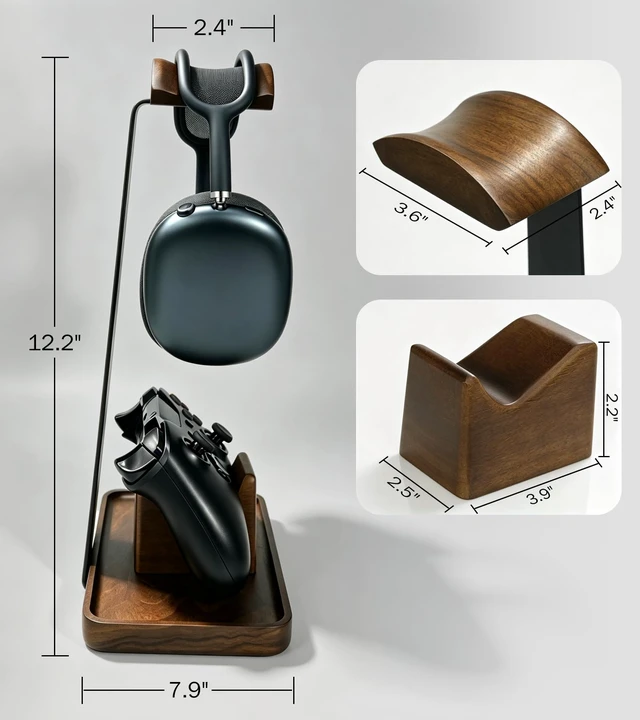Alt view image 7 of 7 - GEVO Walnut Headphone Stand with Controller Holder & Storage Base | Headset Stand, Holds 1 Headset & 1 Controller, Gaming Equipment Accessories for PS5/Xbox/Switch, Gamer Gifts for Men