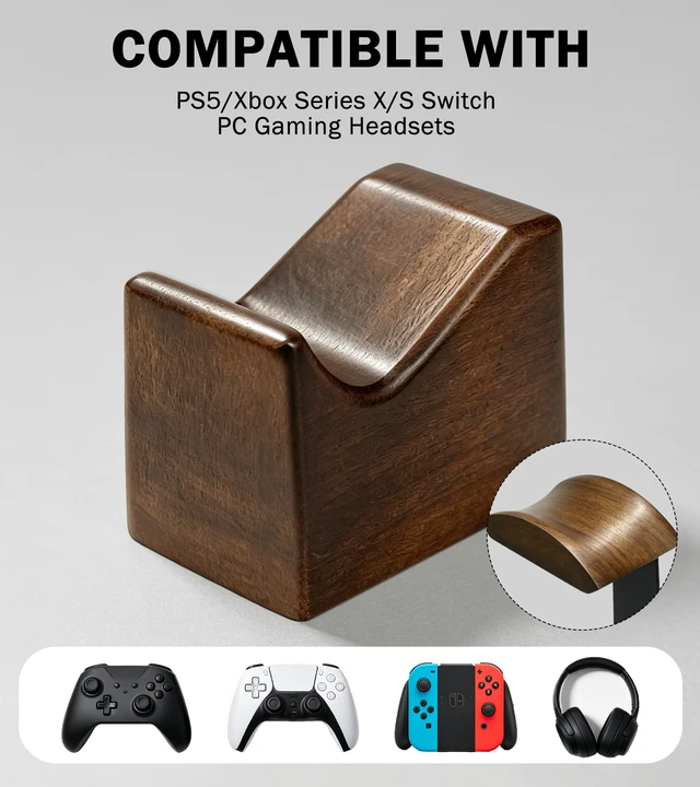 Alt view image 5 of 7 - GEVO Walnut Headphone Stand with Controller Holder & Storage Base | Headset Stand, Holds 1 Headset & 1 Controller, Gaming Equipment Accessories for PS5/Xbox/Switch, Gamer Gifts for Men
