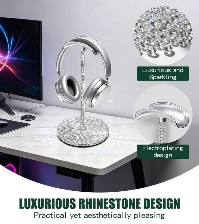 Alt view image 2 of 7 - Yivaiks Bling Headphone Stand for Desk Rhinestones Headset Holder for All Headphone Sizes