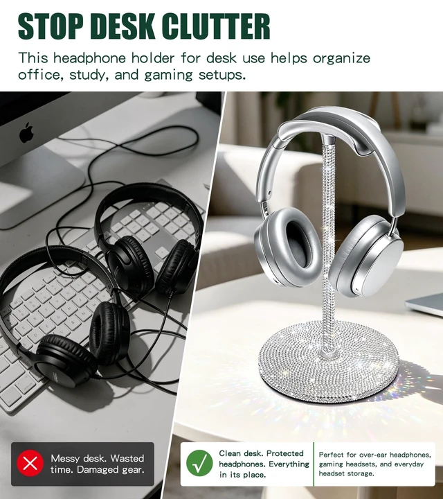 Alt view image 4 of 7 - Yivaiks Bling Headphone Stand for Desk Rhinestones Headset Holder for All Headphone Sizes