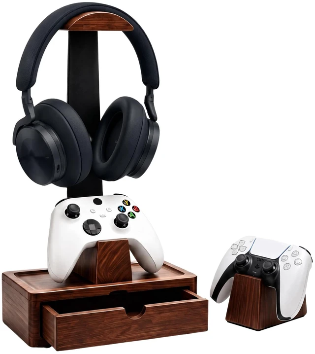Main image of GOME Wood Headphone Stand with 2 Controller Holders and Storage Drawer | Compatible with PS5 and Xbox ,Solid Wood Construction , Holds 2 Controllers, Storage Tray for Gaming Accessories