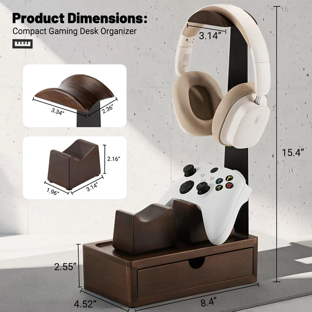 Alt view image 2 of 7 - GOME Wood Headphone Stand with 2 Controller Holders and Storage Drawer | Compatible with PS5 and Xbox ,Solid Wood Construction , Holds 2 Controllers, Storage Tray for Gaming Accessories