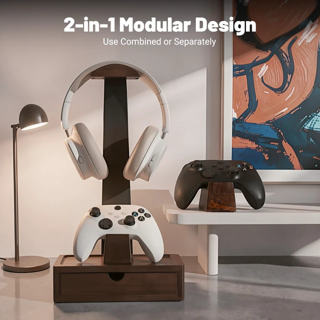 Alt view image 5 of 7 - GOME Wood Headphone Stand with 2 Controller Holders and Storage Drawer | Compatible with PS5 and Xbox ,Solid Wood Construction , Holds 2 Controllers, Storage Tray for Gaming Accessories