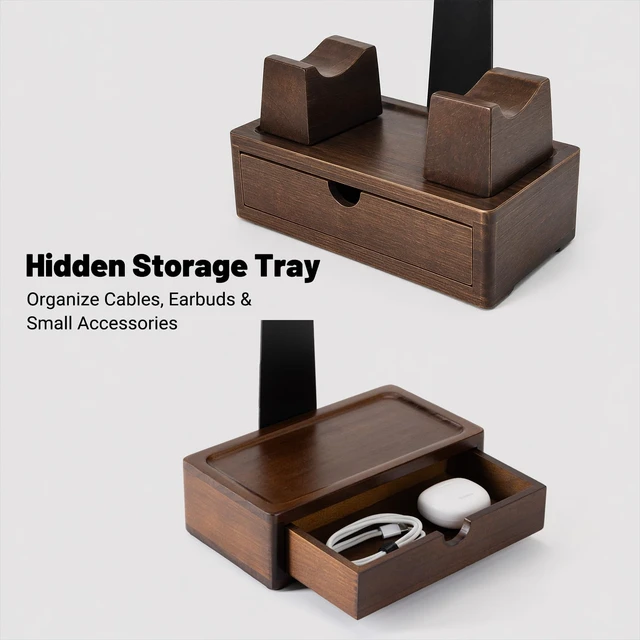 Alt view image 3 of 7 - GOME Wood Headphone Stand with 2 Controller Holders and Storage Drawer | Compatible with PS5 and Xbox ,Solid Wood Construction , Holds 2 Controllers, Storage Tray for Gaming Accessories