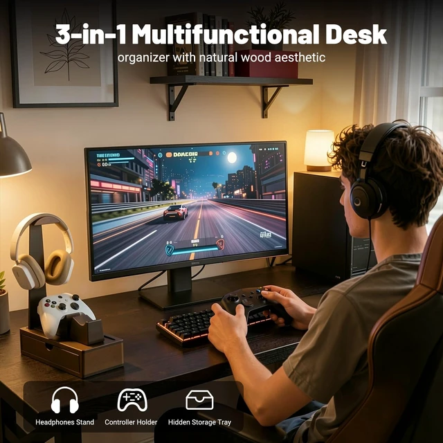 Alt view image 7 of 7 - GOME Wood Headphone Stand with 2 Controller Holders and Storage Drawer | Compatible with PS5 and Xbox ,Solid Wood Construction , Holds 2 Controllers, Storage Tray for Gaming Accessories