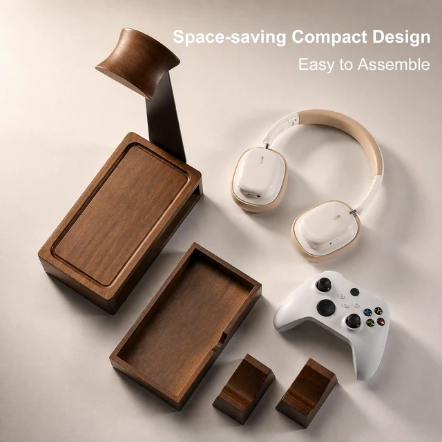 Alt view image 4 of 7 - GOME Wood Headphone Stand with 2 Controller Holders and Storage Drawer | Compatible with PS5 and Xbox ,Solid Wood Construction , Holds 2 Controllers, Storage Tray for Gaming Accessories