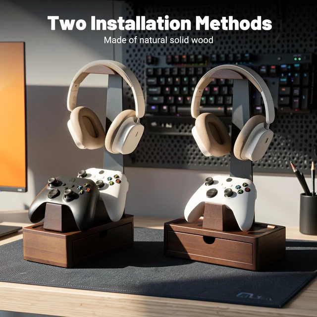 Alt view image 6 of 7 - GOME Wood Headphone Stand with 2 Controller Holders and Storage Drawer | Compatible with PS5 and Xbox ,Solid Wood Construction , Holds 2 Controllers, Storage Tray for Gaming Accessories