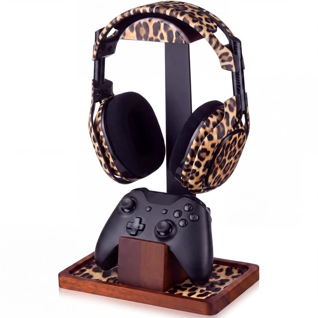 Main image of Yookeer Leopard Headphone Stand with Controller Holder Storage Base | Solid Wooden Headphone Stand, Gamer Gifts for Men, Gaming Equipment Organize Accessories, Desk Creative Gift