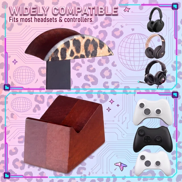 Alt view image 5 of 7 - Yookeer Leopard Headphone Stand with Controller Holder Storage Base | Solid Wooden Headphone Stand, Gamer Gifts for Men, Gaming Equipment Organize Accessories, Desk Creative Gift