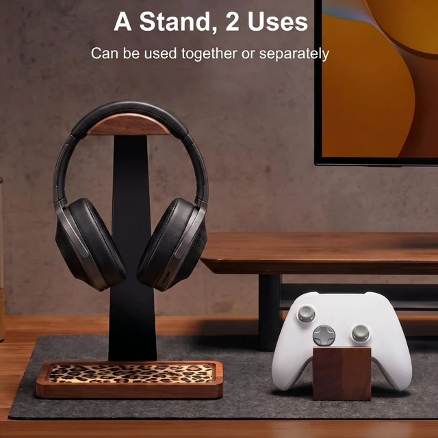 Alt view image 6 of 7 - Yookeer Leopard Headphone Stand with Controller Holder Storage Base | Solid Wooden Headphone Stand, Gamer Gifts for Men, Gaming Equipment Organize Accessories, Desk Creative Gift