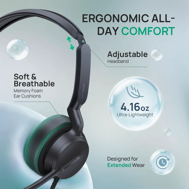 Alt view image 6 of 7 - Yealink UH42 SE Wired Headset, 3.5MM & USB-A/C, In-Line Controls, On-ear | Single Ear Headphones, Teams/Zoom Certified,AI Noise Cancelling Microphone,PC,Laptop,Phone,7ft Cable,WFH, Call Center, Office