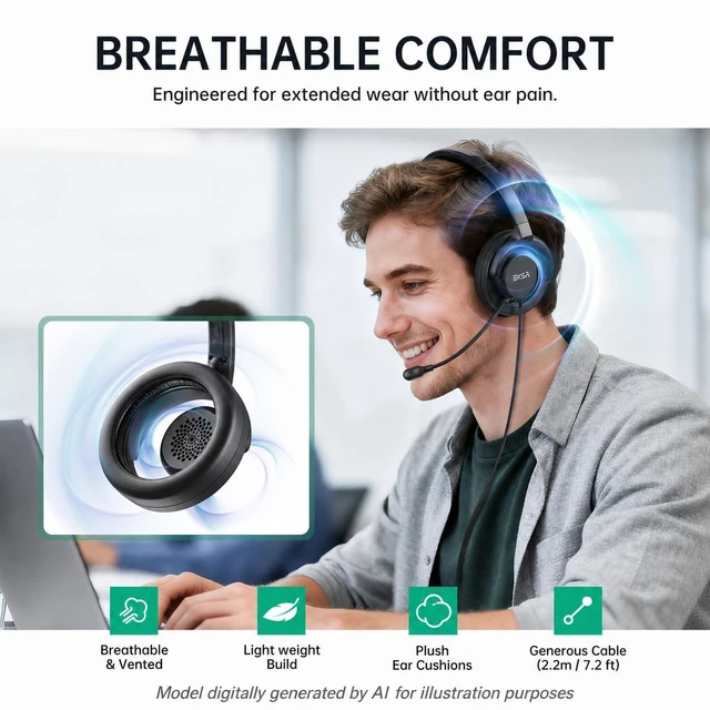 Alt view image 2 of 7 - EKSA H27 USB Computer Headset with Microphone for Work, PC Headset with Noise Cancelling Mic, Wired Over-Ear Headphones with in-Line Controls, USB Headset for PC/Computer/Laptop/Call Center/Office