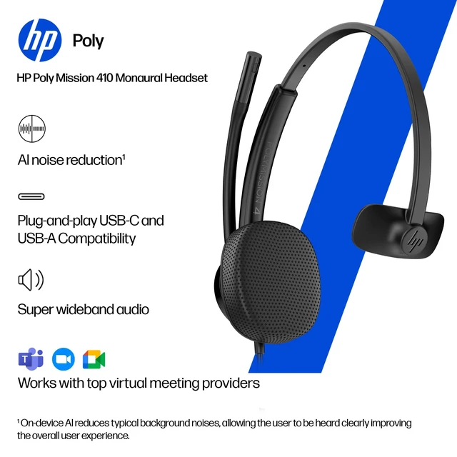 Alt view image 3 of 7 - POLY HP Mission 410 Wired USB Headset with Mic for PC & Work | AI Noise-Reducing & Adjustable Boom Mic | USB-C with USB-A Adapter | Inline Controller | Teams & Zoom & Google Meet Certified