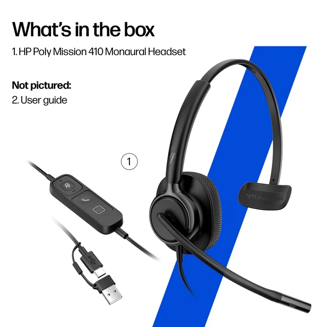 Alt view image 5 of 7 - POLY HP Mission 410 Wired USB Headset with Mic for PC & Work | AI Noise-Reducing & Adjustable Boom Mic | USB-C with USB-A Adapter | Inline Controller | Teams & Zoom & Google Meet Certified