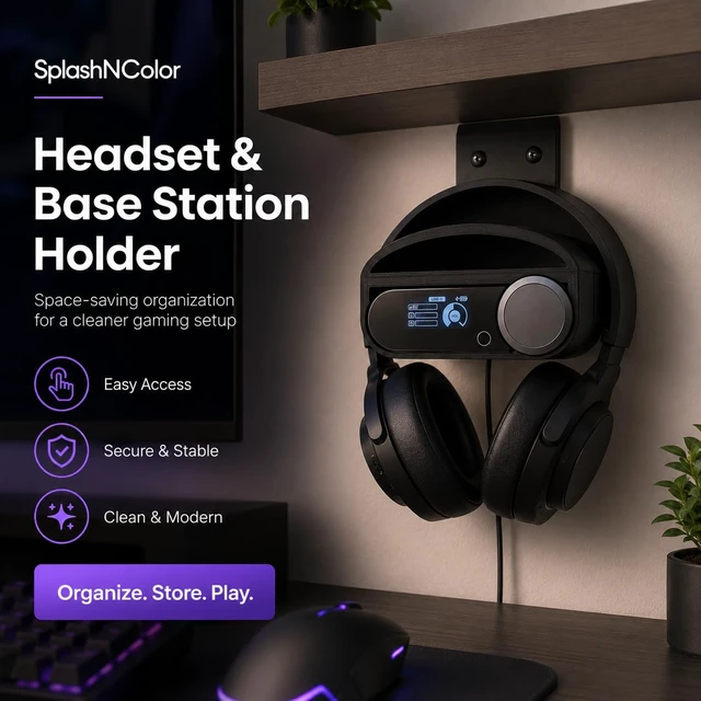 Alt view image 7 of 7 - splash n color Headset and Base Station Holder for Arctis Nova Pro Wireless Desktop Stand with DAC Mount | Cable Management | Space-Saving Gaming Desk Organizer | Keeps Headphones and