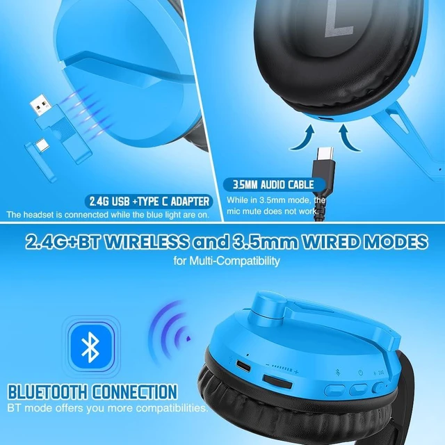 Alt view image 3 of 7 - WolfLawS Wireless Gaming Headset with Mic for PS5 PC PS4, Blue | 2.4G/Bluetooth Gaming Headphones, Noise Canceling Microphone, USB & Type-C Connector, Wired Mode for Controller