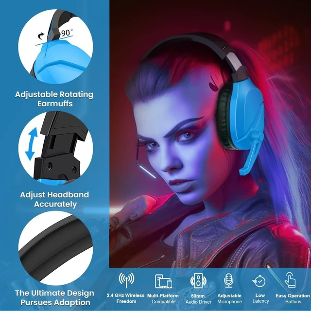Alt view image 7 of 7 - WolfLawS Wireless Gaming Headset with Mic for PS5 PC PS4, Blue | 2.4G/Bluetooth Gaming Headphones, Noise Canceling Microphone, USB & Type-C Connector, Wired Mode for Controller