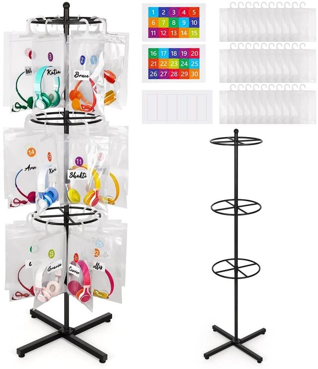 Main image of Loghot Freestanding Metal Headphone Storage Stand with 30 Storage Bags | No-Drill Headphone Organizer, Heavy Duty Movable Headset Holder Stand for Classroom, Computer Lab, Office and Training Center