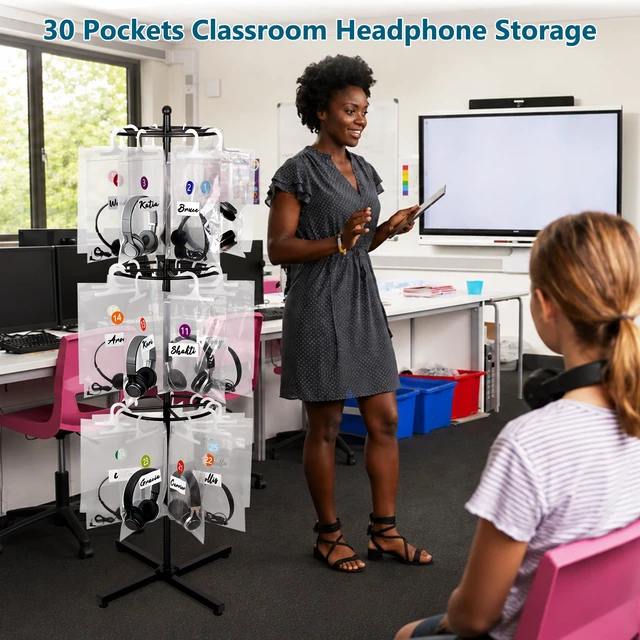Alt view image 2 of 7 - Loghot Freestanding Metal Headphone Storage Stand with 30 Storage Bags | No-Drill Headphone Organizer, Heavy Duty Movable Headset Holder Stand for Classroom, Computer Lab, Office and Training Center