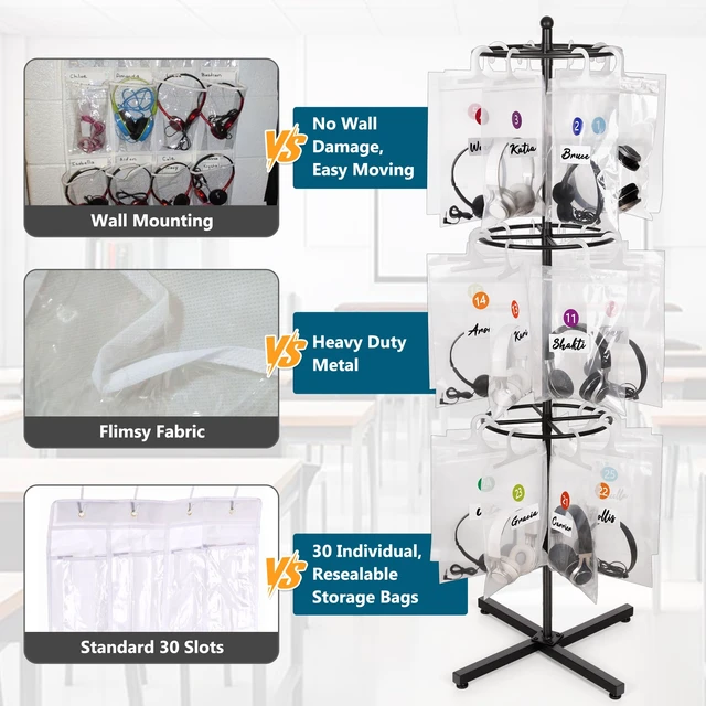 Alt view image 3 of 7 - Loghot Freestanding Metal Headphone Storage Stand with 30 Storage Bags | No-Drill Headphone Organizer, Heavy Duty Movable Headset Holder Stand for Classroom, Computer Lab, Office and Training Center