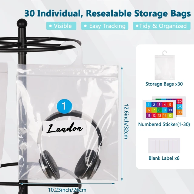 Alt view image 5 of 7 - Loghot Freestanding Metal Headphone Storage Stand with 30 Storage Bags | No-Drill Headphone Organizer, Heavy Duty Movable Headset Holder Stand for Classroom, Computer Lab, Office and Training Center