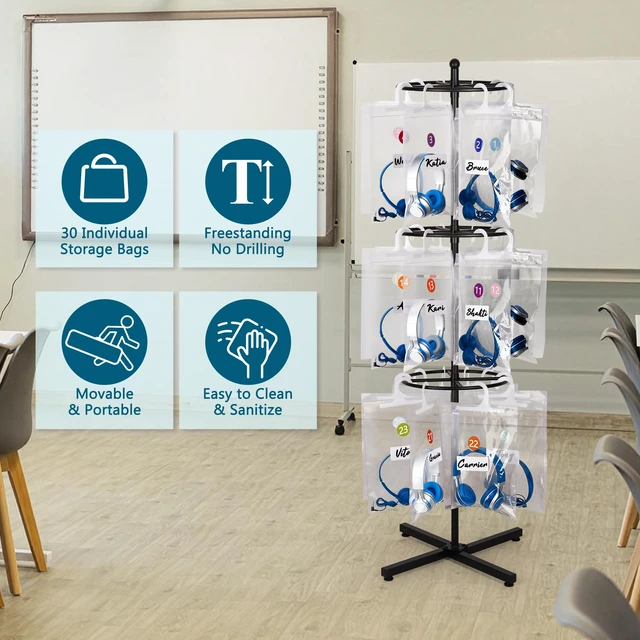 Alt view image 7 of 7 - Loghot Freestanding Metal Headphone Storage Stand with 30 Storage Bags | No-Drill Headphone Organizer, Heavy Duty Movable Headset Holder Stand for Classroom, Computer Lab, Office and Training Center