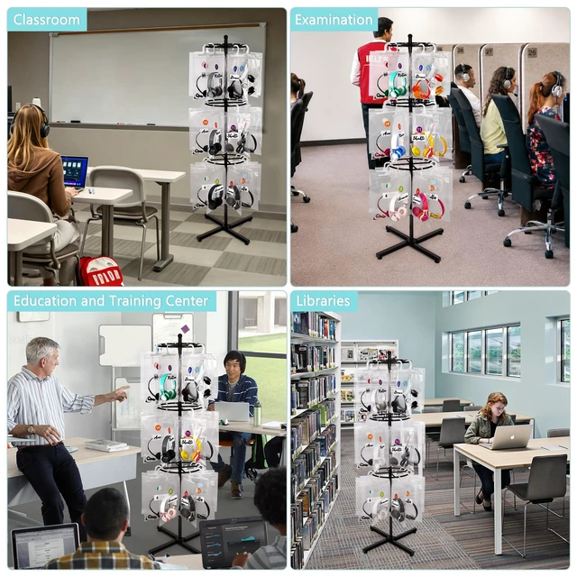 Alt view image 6 of 7 - Loghot Freestanding Metal Headphone Storage Stand with 30 Storage Bags | No-Drill Headphone Organizer, Heavy Duty Movable Headset Holder Stand for Classroom, Computer Lab, Office and Training Center