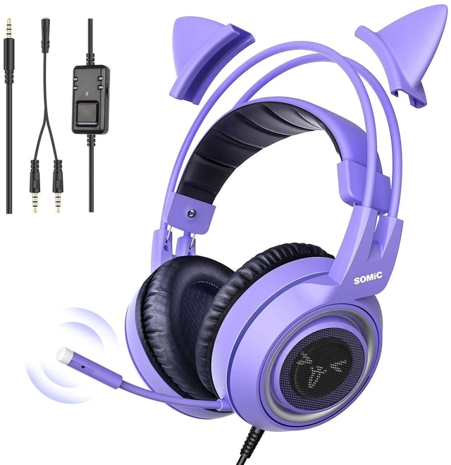 Main image of SOMIC G951S Purple Stereo Gaming Headset with Mic for PS4, PS5, Xbox One, PC, Phone, Detachable Cat Ear 3.5MM Noise Reduction Headphones Computer Gaming Headphone Self-Adjusting Gamer Headsets