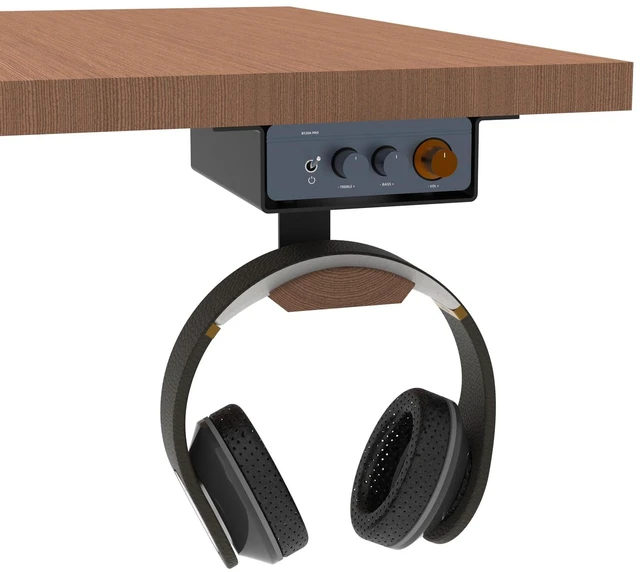 Main image of Pyswex Under Desk Mount for Fosi Audio BT20A Pro with Walnut Wood Headphone Hanger, Metal Amplifier Bracket Shelf for Compact Stereo Amp, Desk Organizer Holder, Black